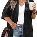 IN'VOLAND Plus Size Lightweight Crochet Cardigan for Women Short Sleeve Summer Kimonos Boho Open Front Knitted Cardigans (3X, Black)