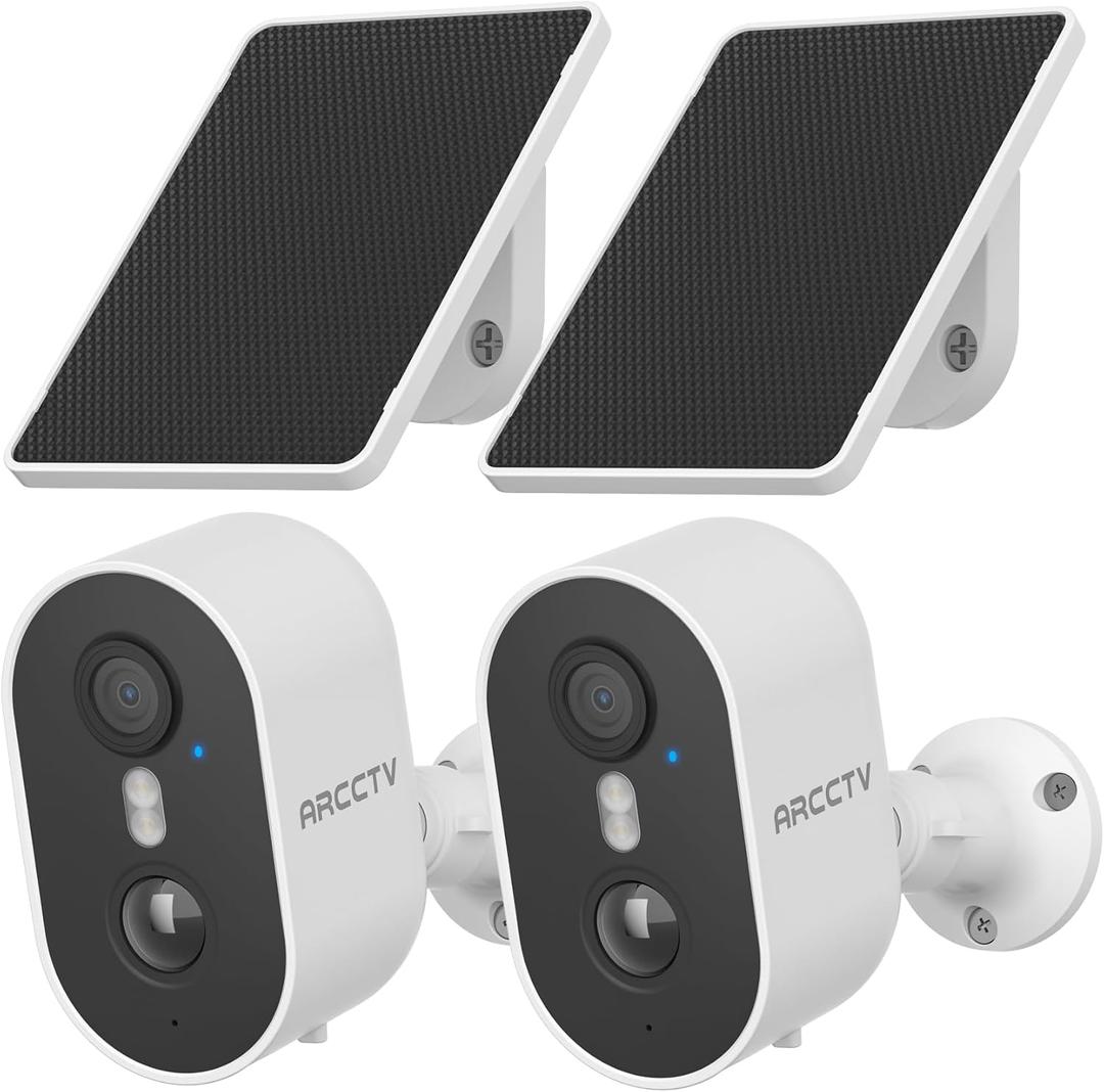 ARCCTV Security Camera Wireless Outdoor, 4MP Recharge Battery Powered WiFi Camera with Solar Panel, Motion Detection, Color Night Vision, 2-Way-Audio, 2.4G/5G Dual Band WiFi (2 Pack)