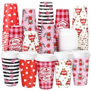 100 Pack Valentine's Day Disposable Cups 16 oz Pink Red Hearts Bear Stripe Coffee Cups Wedding Anniversary Party Supplies for Hot Chocolate Cocoa Tea Coffee Bar Accessories