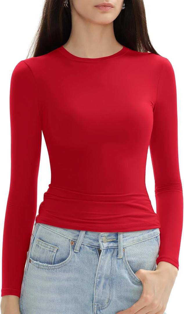 Women's Long Sleeve Shirts Crew Neck Slim Fit Going Out Tops Basic Tees Barely There Collection (Red, XS)