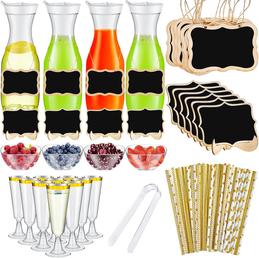 Mumufy 82 Pcs Mimosa Bar Supplies Plastic Water Carafe with Lids Plastic Champagne Flutes Pitchers for Drinks with Serving Bowls Serving Tongs Chalkboard Stickers Straws (Vivid Colors, Classic)