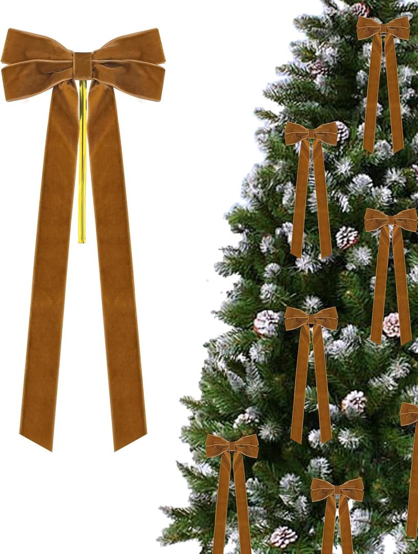 2 x 12 Pcs Velvet Bows for Christmas Tree -5.2 X 10.2 Inch Vintage Ribbon Bows Ornaments for Tree Garland Wreath, Gift Wrapping, Xmas Decorations, Brown