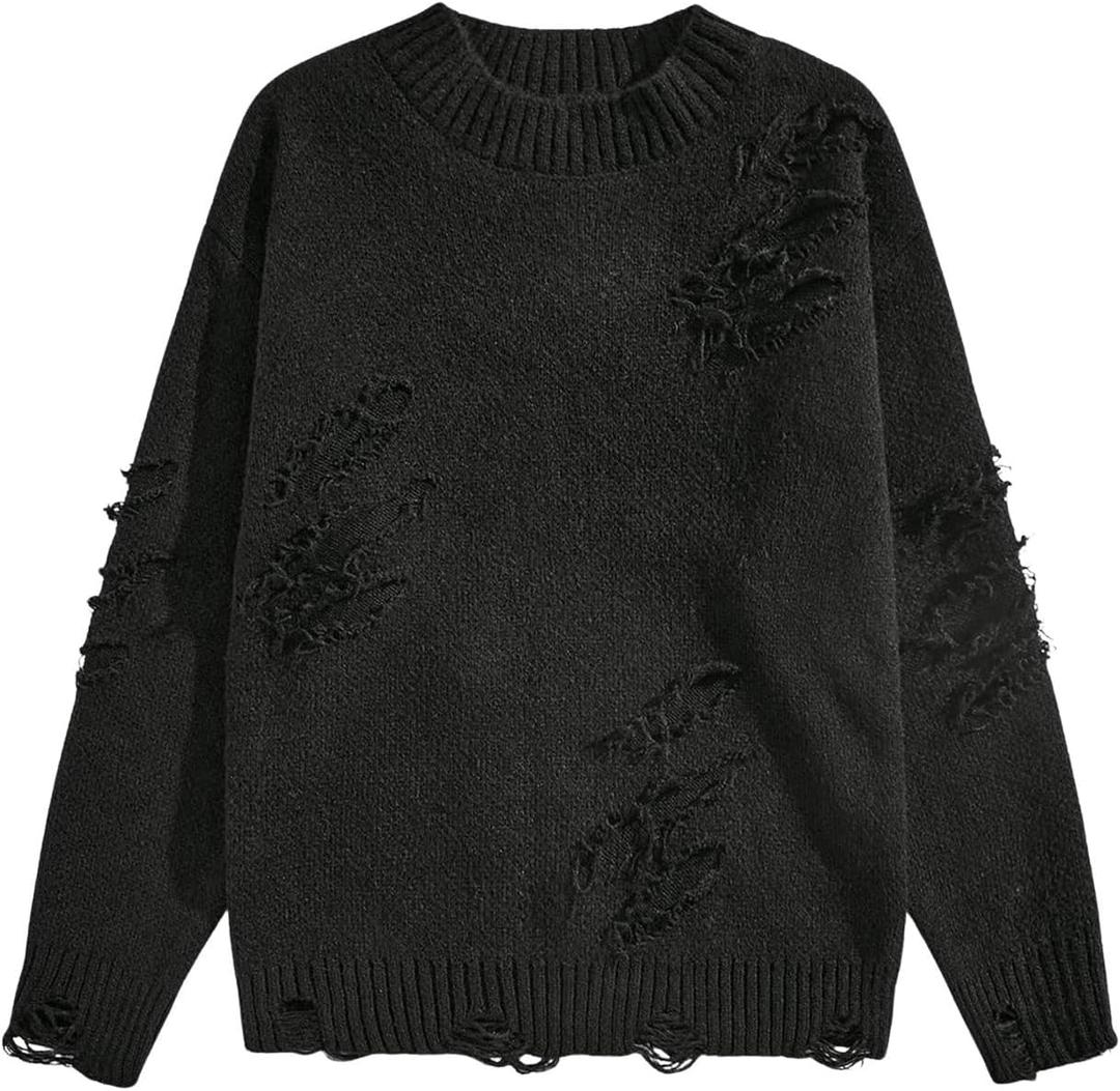 Verdusa Men's Ripped Hollow Crew Neck Long Sleeve Sweater Casual Knit Pullover Sweaters (X-Large, Black)