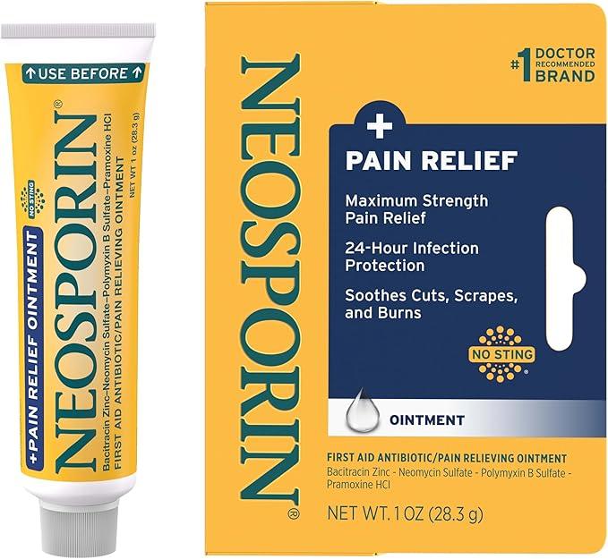 Neosporin + Maximum-Strength Pain Relief Ointment, Triple Antibiotic, Soothing Infection Protection, No-Sting Topical First Aid Wound Care for Minor Cuts, Scrapes & Burns, 1 Oz Tube