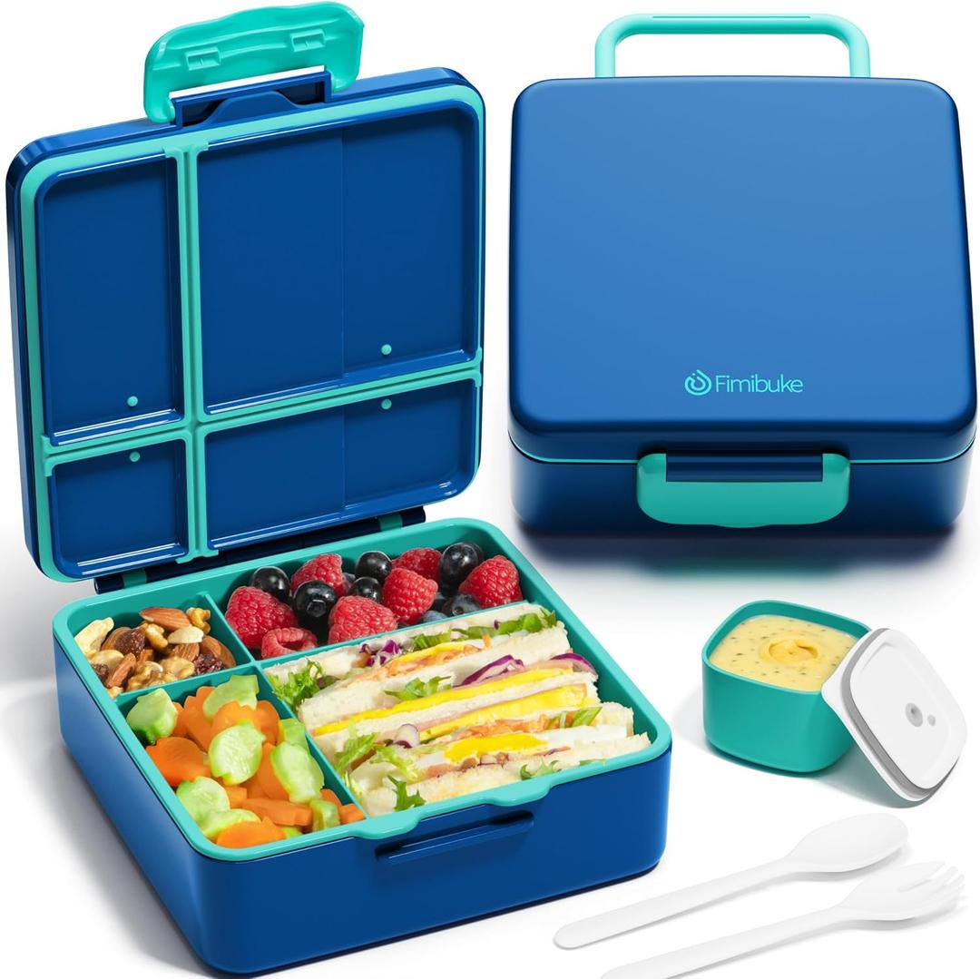 Fimibuke Bento Lunch Box for Kids, Leak Proof Toddler Bento Box with 4 Compartments BPA Free Dishwasher Safe Lunch Container with Utensils, Ideal Portion Sizes for Ages 3-12 Girls Boys for School (A5. Nautica Blue)