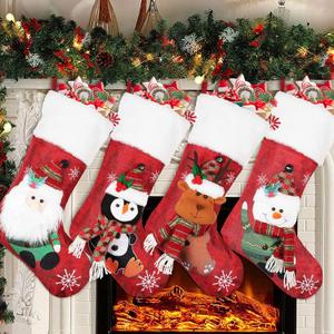 COOLWUFAN Christmas Stockings 4 Pack, 19'' Xmas Stockings with Snowflake Santa Snowman Reindeer Penguin and Plush Faux Fur Cuff Stockings for Stairs Fireplace Hanging Xmas Home Decor