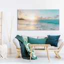 Goldfoilart Large Beach Sunset Canvas Wall Art for Living Room Blue Sea Prints Romantic Ocean Waves Pictures Painting Bedroom Home Office Wall Decor Ready to Hang 24x48Inch