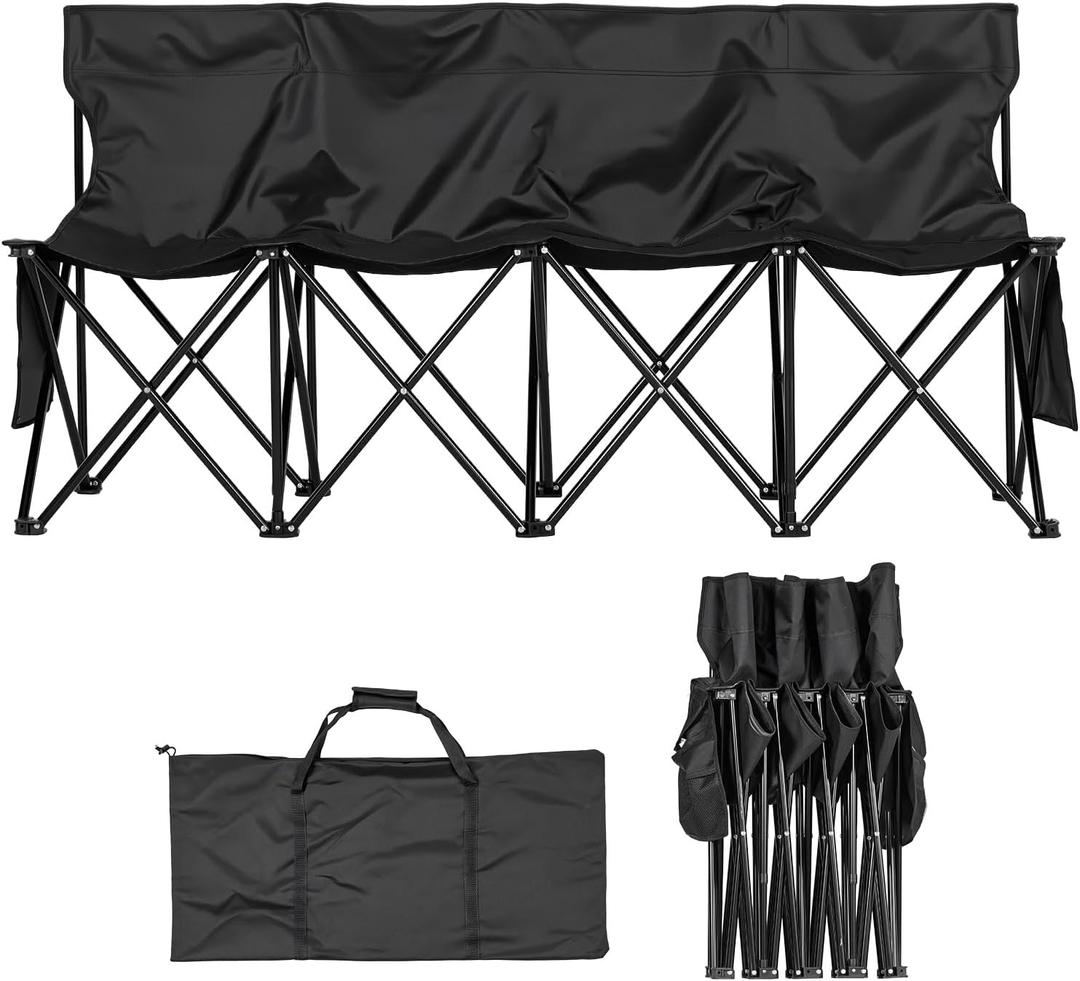 VEVOR Portable Folding Bench, 4 Seat Foldable Soccer Bench with Side Pockets and Carrying Bag, Lightweight Sideline Seating with Back Rest for Football, Baseball, Camping, Outdoor Events, Black