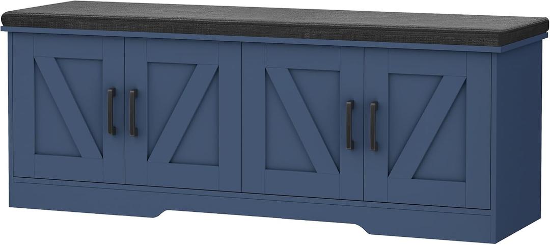 HOMSHO Farmhouse Shoe Storage Bench with 4 Barn Doors & Padded Seat Cushion, 47.2" Wide