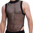 WDIRARA Men's Fishnet Mesh Mock Neck Tank Tops Sleeveless Tee Tops Bodysuit (S)