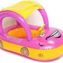 Baby Pool Float with Canopy Summer Steering Wheel Sunshade Swim Ring Car Inflatable Toys Infants Float Seat Boat for Kids Toddlers (Pink)