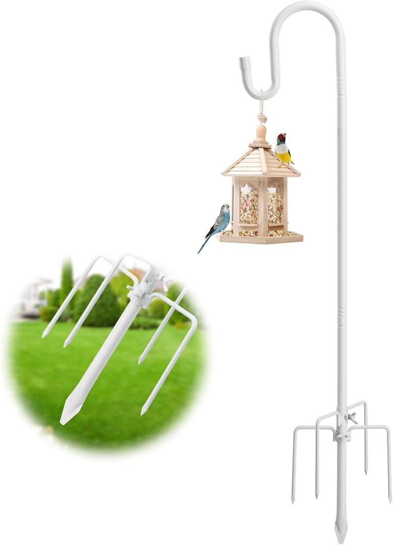 Shepherds Hooks for Outdoor Bird Feeders - 46" Heavy Duty Hummingbird Feeder Pole with Anti-Tip 5-Prong Base,Adjustable Stand Hanger for Garden,Yard, Flower Beds Hanging Birdfeeders,Baskets,White