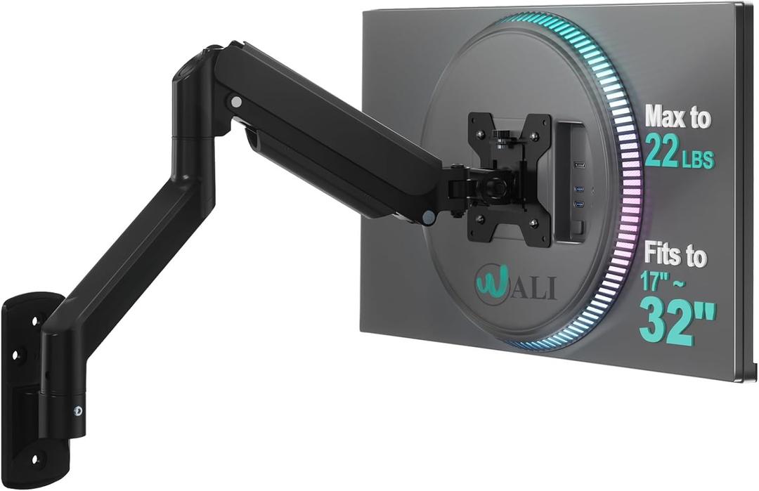WALI Computer Monitor Wall Mount for 17 to 32 Inch Screens, Single Monitors Mount Holds up to 22lbs, Fully Adjustable Gas Spring Wall Mount Monitor Arm, 75x75/100x100mm VESA Mount (GSWM001), Black