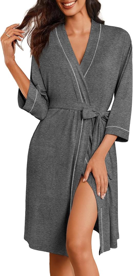 Ekouaer Robes for Women Knee Length Bathrobe Lightweight Kimono Robe 3/4 Sleeve Loungewear Soft Sleepwear with Pockets (Small, Dark Gray)
