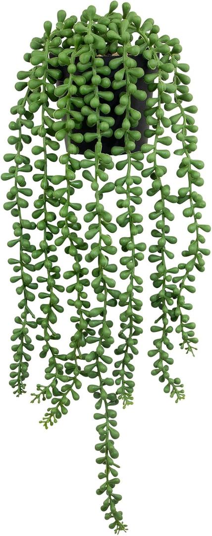 LOYWREE Fake Plants Indoor Artificial String of Pearls Plant in Black Pots, Realistic Green Faux Succulent Hanging Plants for Shelf Decor Desk Home Garden Decorations (1Pack)
