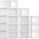 SONGMICS Shoe Boxes, Pack of 12 Shoe Storage Organizers, Stackable Clear Plastic Boxes for Closet, Sneakers, 9.1 x 13.1 x 5.6 Inches, Fit up to US Size 11, Transparent and White ULSP12SWT