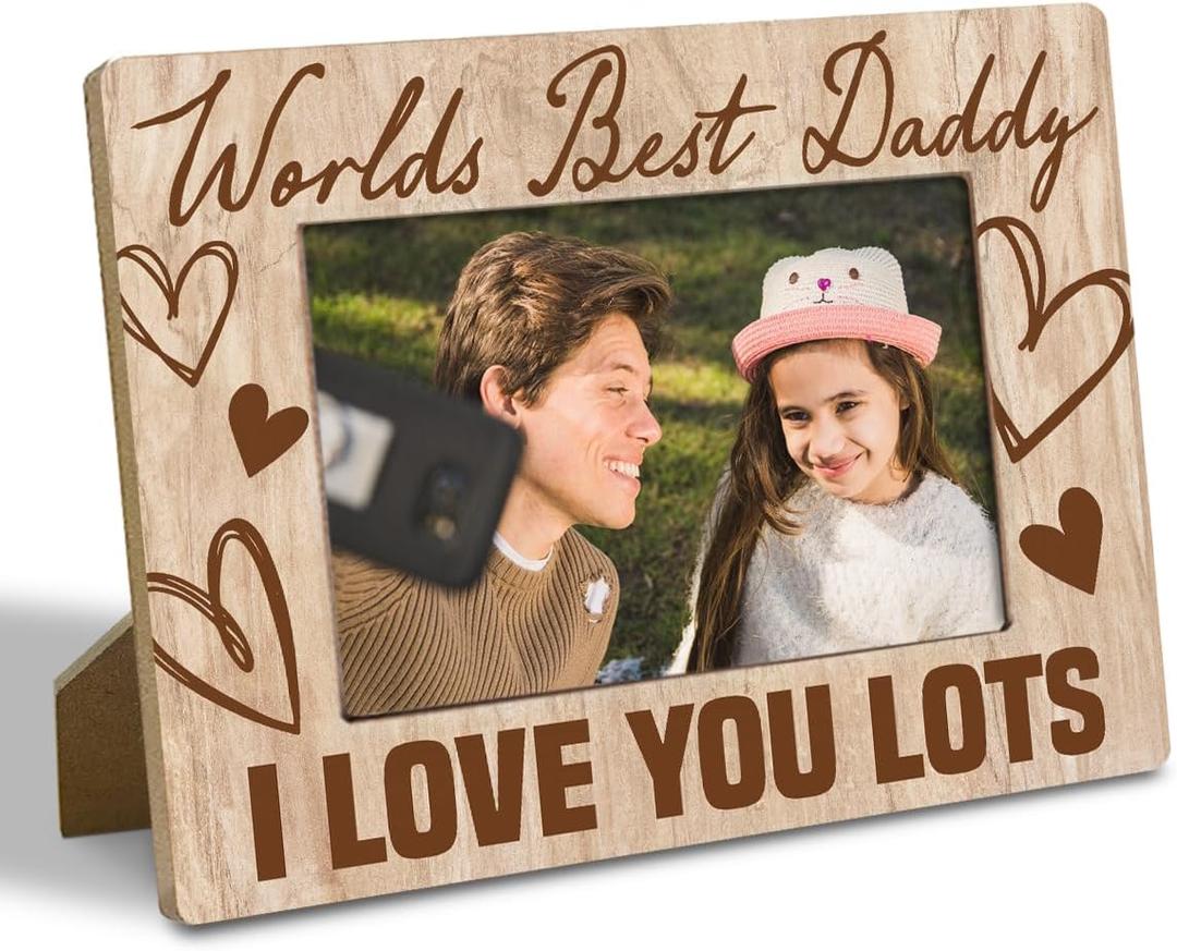 Father Picture Frame, Worlds Best Daddy I Love You Lots 4x6 Inch Rustic Wooden Picture Frame, Father's Day Gifts, Heartfelt Gift for Dad on Fathers Day, Birthday, Farmhouse Office Home Decor