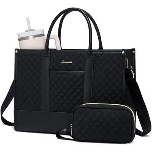 LOVEVOOK Laptop Bags for Women, 15.6 inch Waterproof Work Tote Bag with Clutch, Professional Teacher Computer Purse Lightweight Shoulder Bag Travel, Quilted Black