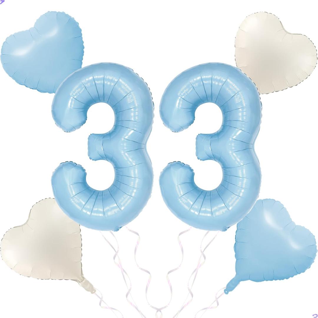Blue 33 Balloon Number Pastel Blue Birthday Party Decor for Girls Boys, 40inch Big Sky Blue Balloon Foil Mylar 33 Birthday Balloon for 33th Birthday Party Anniversary Decorations Supplies Favors