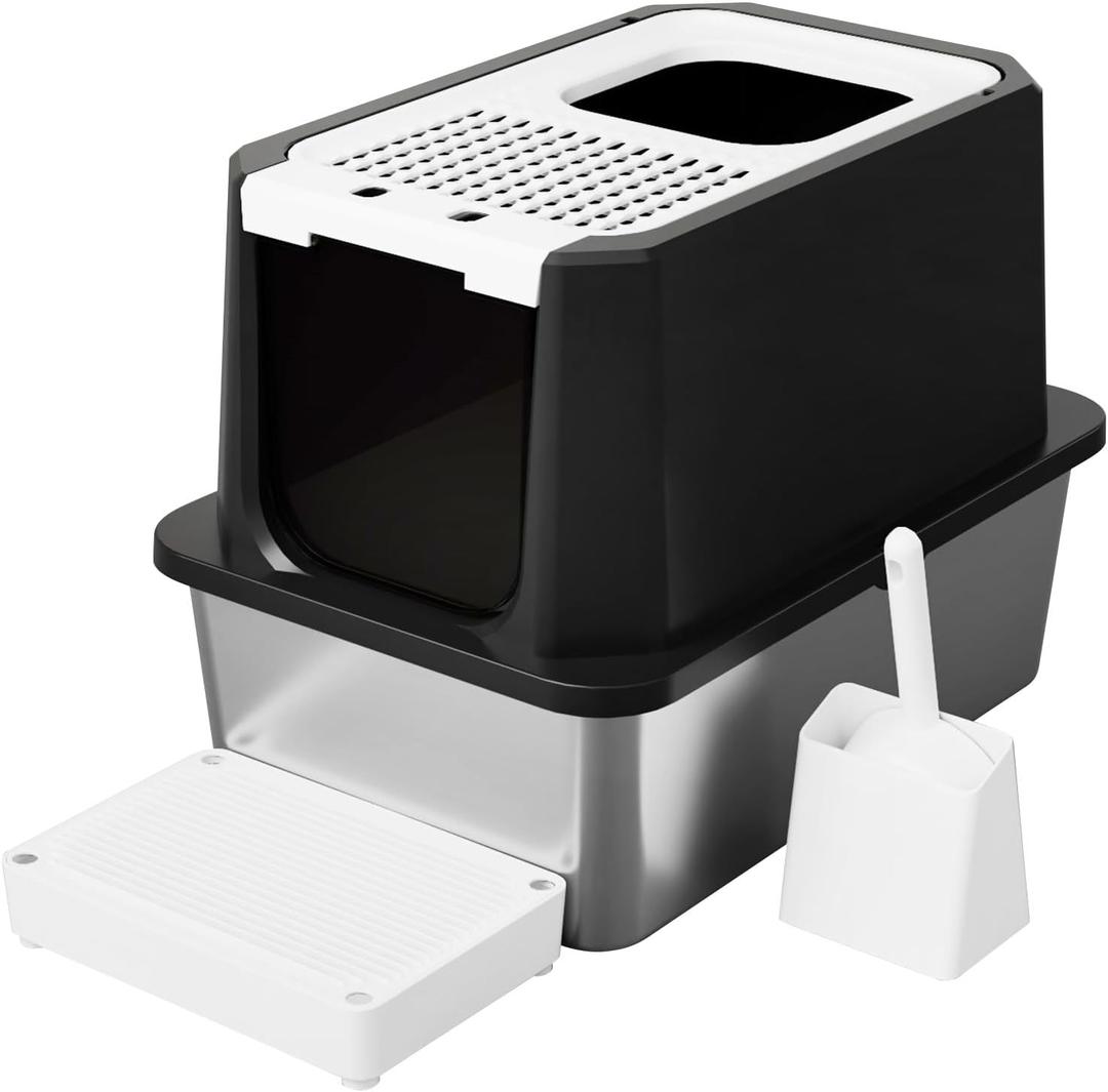 RIZZARI Stainless Steel Cat Litter Box, Odorless Enclosed Litter Box with Top Holes, Large Litter Pan for Small to Large Sized Cats (Deep Black, 23.8" L*15.9" W*18" H) 