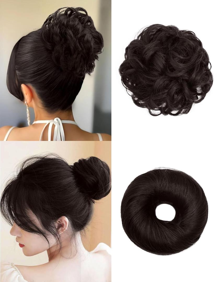 2PCS Messy Bun Hair Piece-Large Wavy Curly & Donut Updo Hair Pieces Set, Scrunchies Synthetic Chignon Ponytail Extensions Thick Updo for Women(Dark Brown)