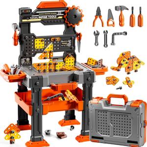 Kids Tools Toy Sets, 2 in 1 Workbench Toys and Pretend Play Toolbox | Construction Mechanic Set with Sound, Educational Birthday Gift for Toddlers Boys Girls Ages 3-5 6-8