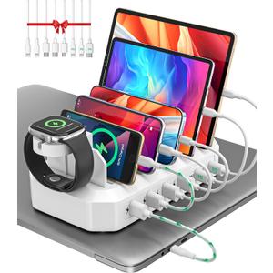 95W Fast Charging Station for Multiple DevicesUL & FCC Tested Safer Charging 6-Port USB Charging Dock with 2 PD-Port, Compatible with iPhone/Android/MacBook/iPad/Tablet/Kindle(8 Cables Included)