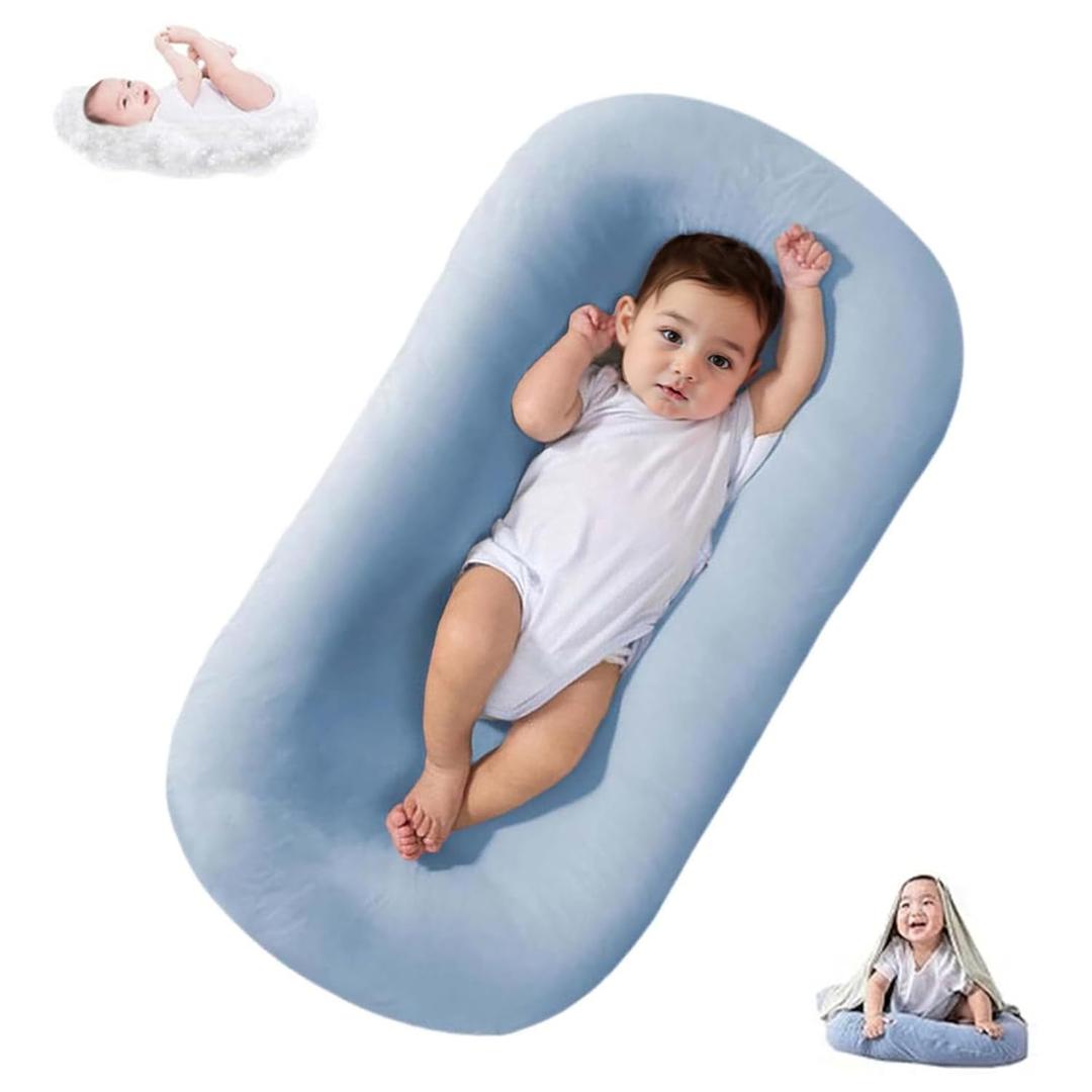 Lucakuins Baby Lounger, Bionic Design Baby Lounger for Newborn 0-24 Months, Soft Organic Cotton Breathable Lounger for Infants (Blue Newborn Lounger)