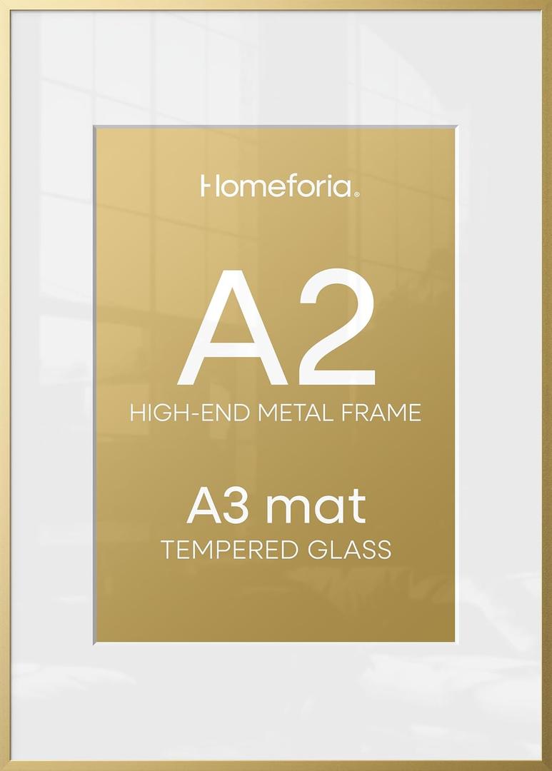 Homeforia A2 Picture Frame Gold, High End Metal 16.5 x 23.5 inches Poster Frames with Mat 11.7 x 16.5 for Photo, A2 Size Frames Matted to A3 Print, 16.5 by 23.4 Hanging Frame, Tempered Glass, Set of 1
