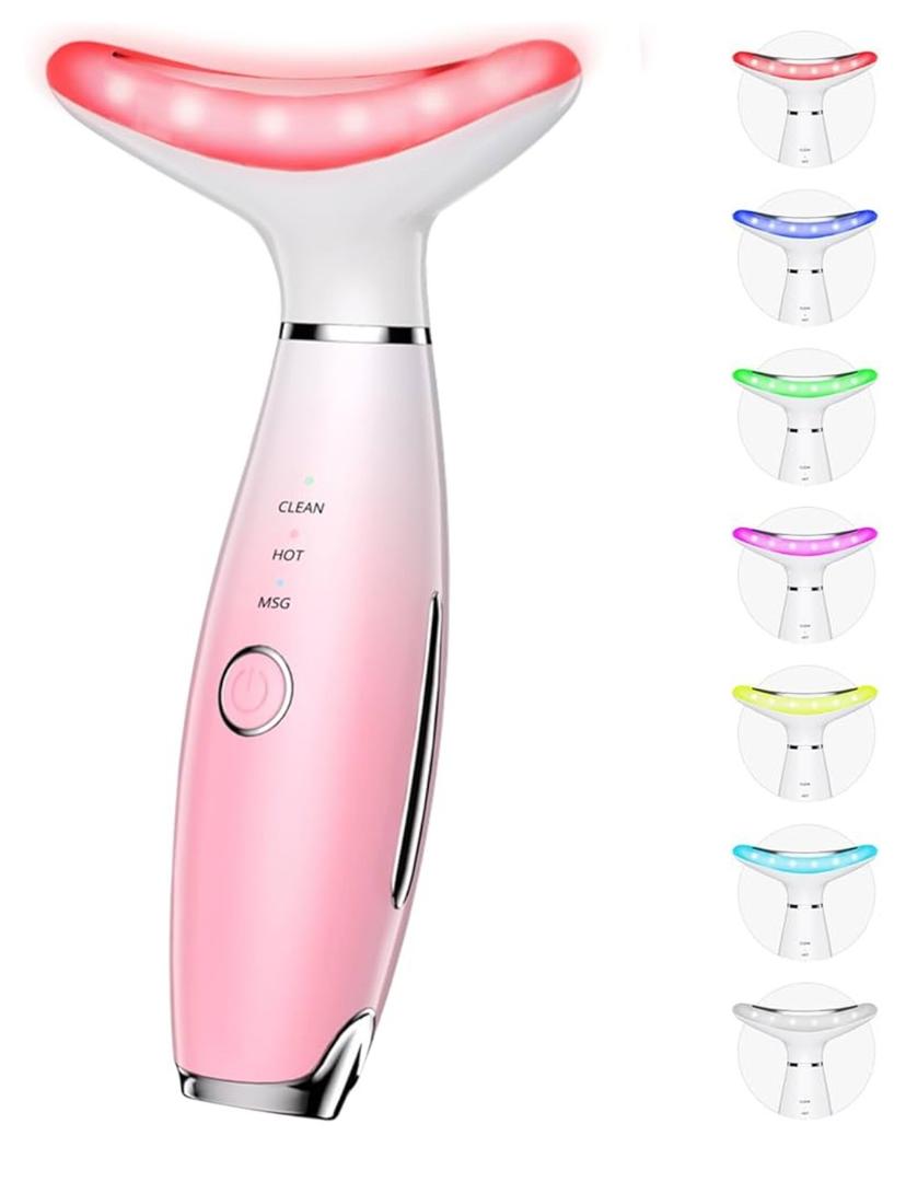 Dopsikn 7 Color Galvanic Machines  Red Light Therapy for Face and Neck, Face Massager Tool for Wrinkles, Double Chin, Vibrating Facial Massager with Thermals, Pink