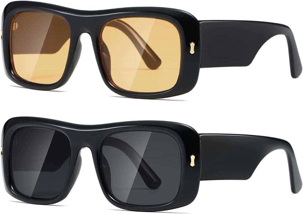 Kimorn Sunglasses for Women Men Trendy Retro Fashion Sun Glasses 90s Vintage Y2K Oversize Square Frame Shades, Black Yellow,Black Grey