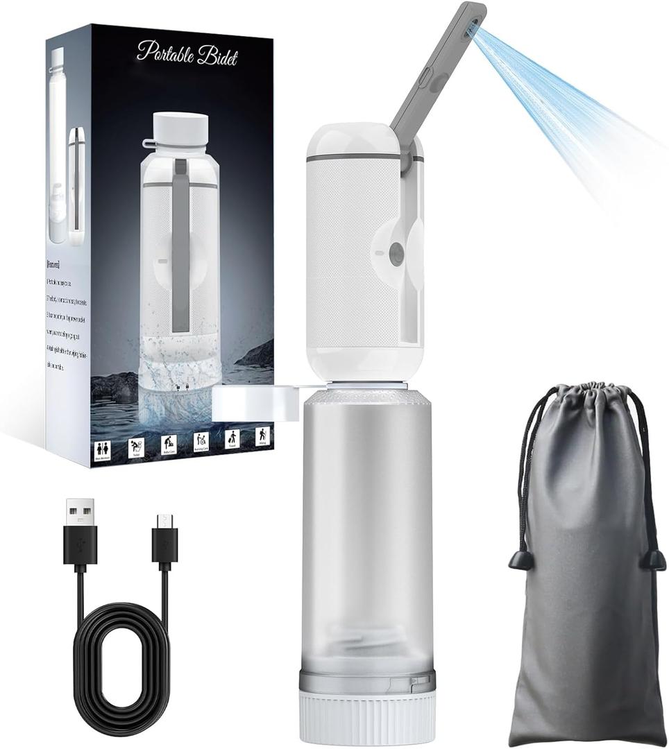 Portable Bidet for Travel, Rechargeable Travel Bidet Sprayer Fits Various Sizes of Water Bottles, Waterproof High Pressure Handheld Bidet for Women Men Personal Hygiene, White