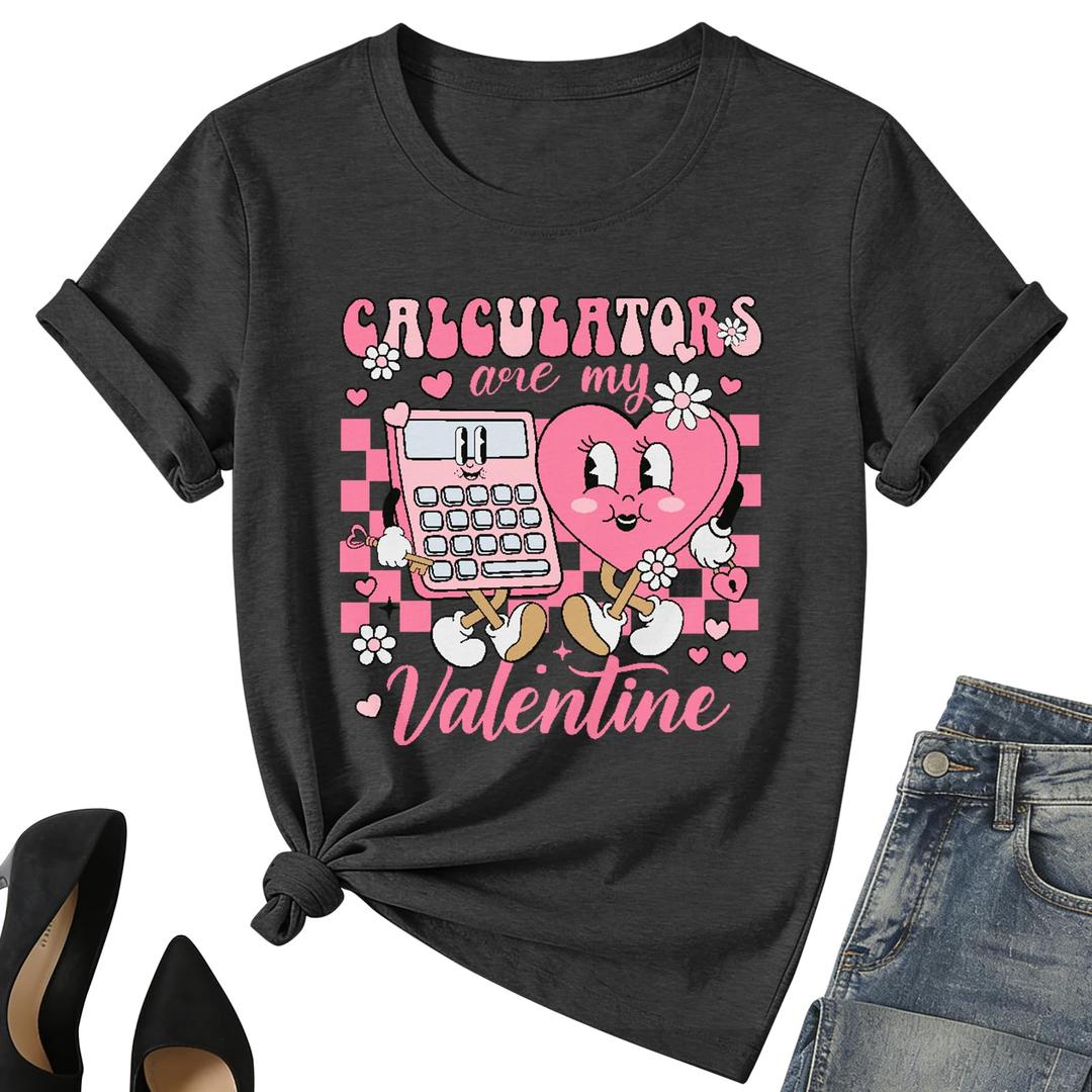 Valentines Day Teacher Shirt Women-Valentines Day Math Teacher Shirt Women Love Heart Short Sleeve Grey Large