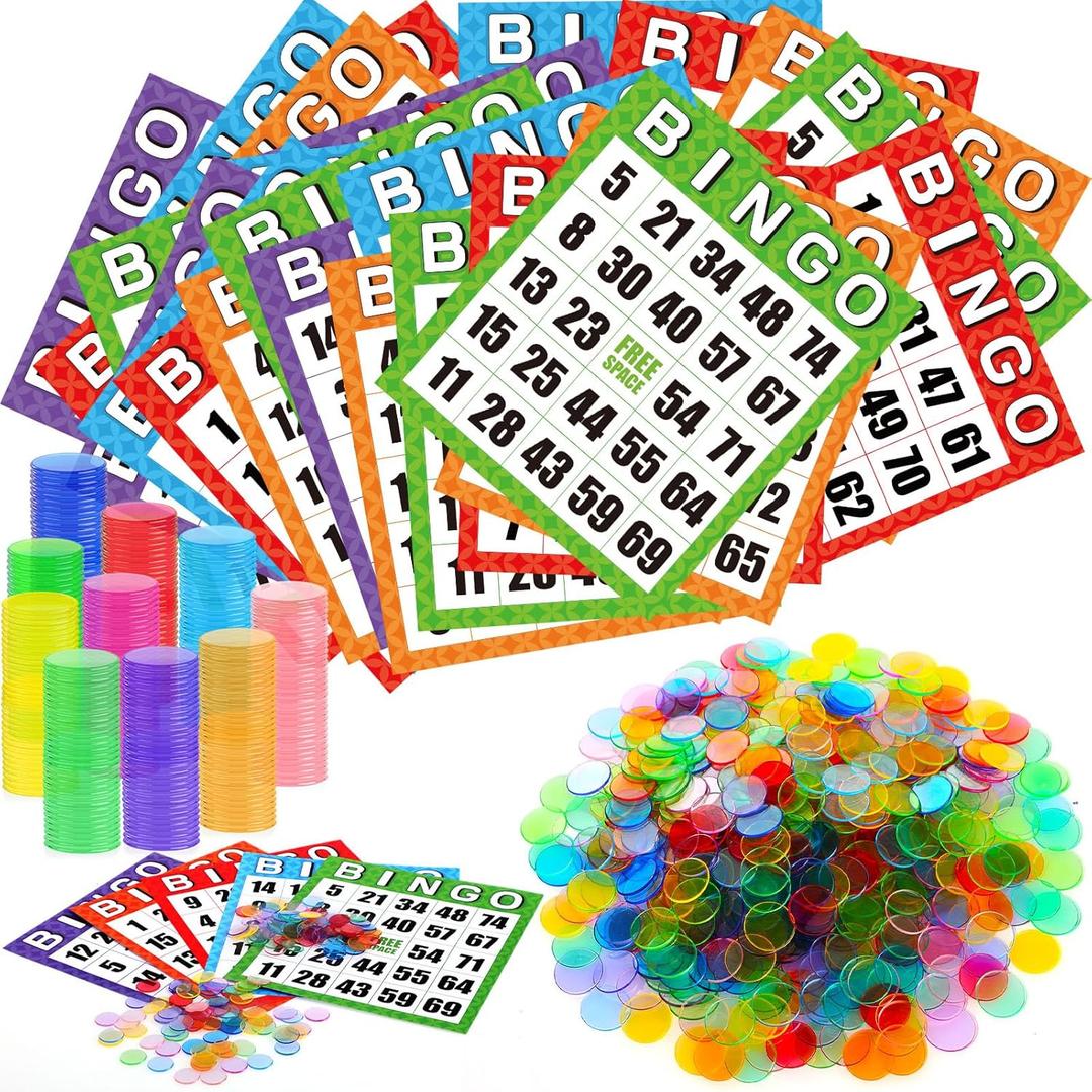 Eersida 1100 Pack Jumbo Bingo Game Cards with Bingo Chips Sets for Seniors, 1000 Transparent Scoring Chips, 8" x 9" Reusable Easy to Read Paper Cards Board Games Sets for Family Night Activities