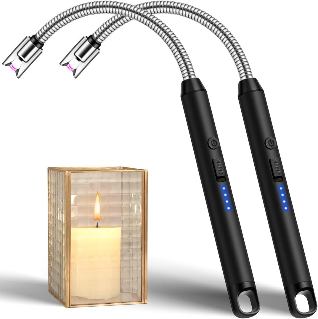 LcFun 2 Pack Candle Lighter Windproof USB C Rechargeable Electric Lighters with 360 Flexible Neck & Safety Lock, Windproof Flameless Long Lighters Matches for Candle, Grill, BBQ, Camping, Gas Stoves