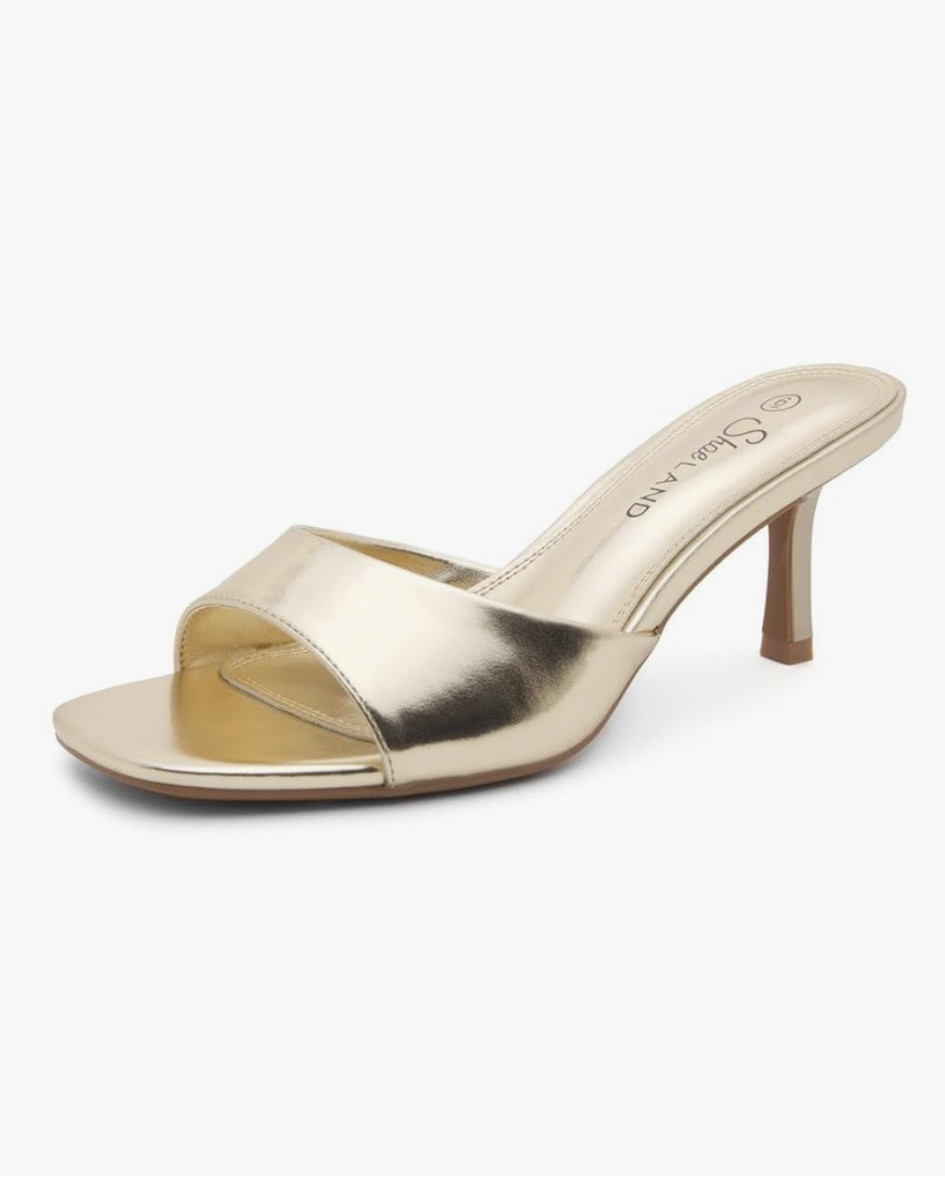 Shoe Land Women's Low Heels Stiletto Heeled Slides, Open Toe One Band Slip-On Heeled Mules – Dressy Heeled Sandals for Prom, Party Wedding and Vacation 7 1/2