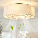 Caged Ceiling Fan with Lights, Flush Mount 20" Boho Ceiling Fans with Lights Remote Control, Low Profile Fabric Bladeless with 6 Speeds for Bedroom, Nursery, Kitchen (Beige)