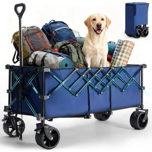 DUMOS 49''L Collapsible Extended Wagon with 440LBS Capacity, Heavy Duty Wagons Garden Cart with All-Terrain Big Wheels & Drink Holders, 250L Foldable Carts for Sports, Shopping, Camping, Blue