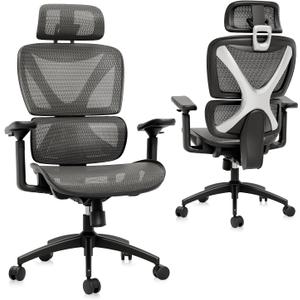 GABRYLLY Ergonomic Office Chair, Big and Tall Mesh Chair with Lumbar Support, 3D armrest - 215 Rotation, Adjustable Headrest & Soft Seat, Durable Desk Chair 350LBS for Work Gaming Computer, Grey