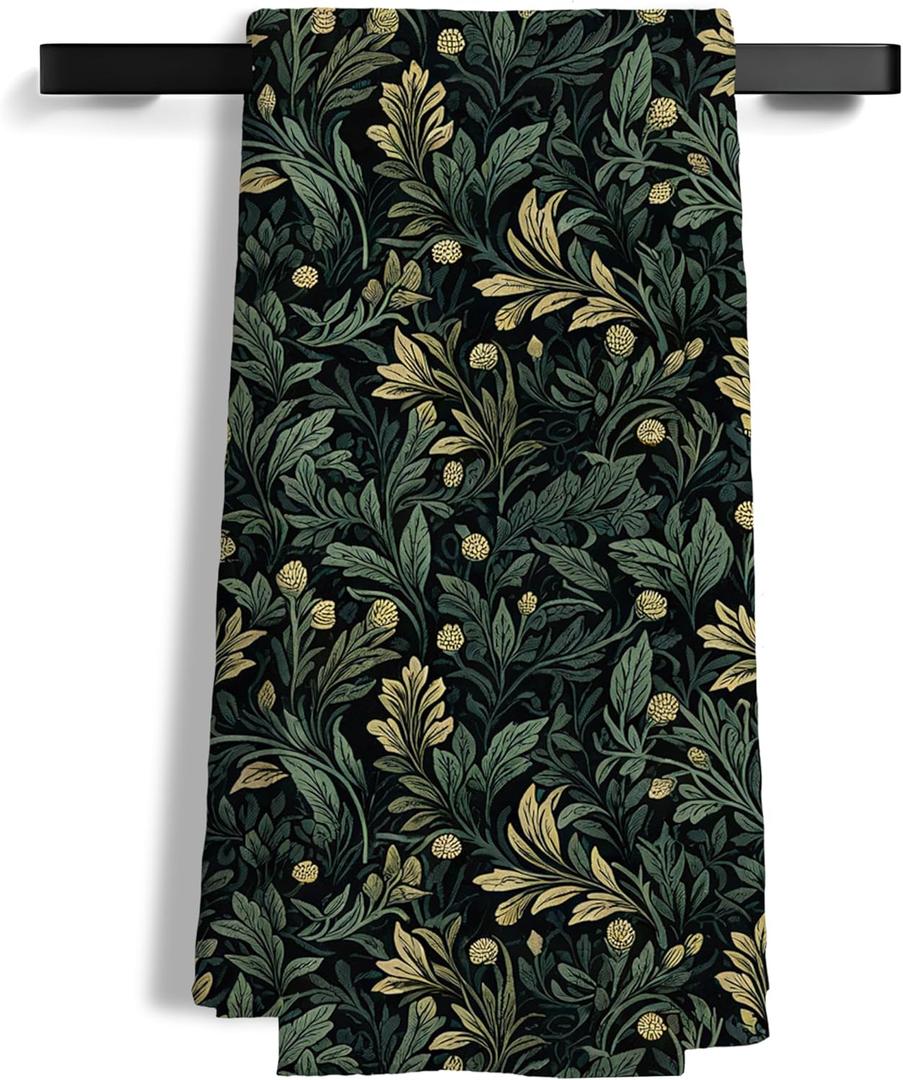 Dark Green Floral Leaf Kitchen Towels, Retro Art Nouveau Botanical Decorative Hand Towels for Bathroom, Cottagecore Flower Dish Tea Towel for Kitchen Decor, 16x24 Inch