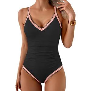 Aidonger One Piece Swimsuit for Women Tummy Control Color Block Bathing Suit V Neck Shell Stitched Tie Back Swimwear, M
