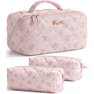 Travel Makeup Bag, 3 Pcs Large Capacity Puffy Toiletry Bag for Women, Open Flat Make up Cosmetic Organizer w/Handle & Clear Divider Water-resistant Portable Pouch Travel Essentials, M-Pink Rose