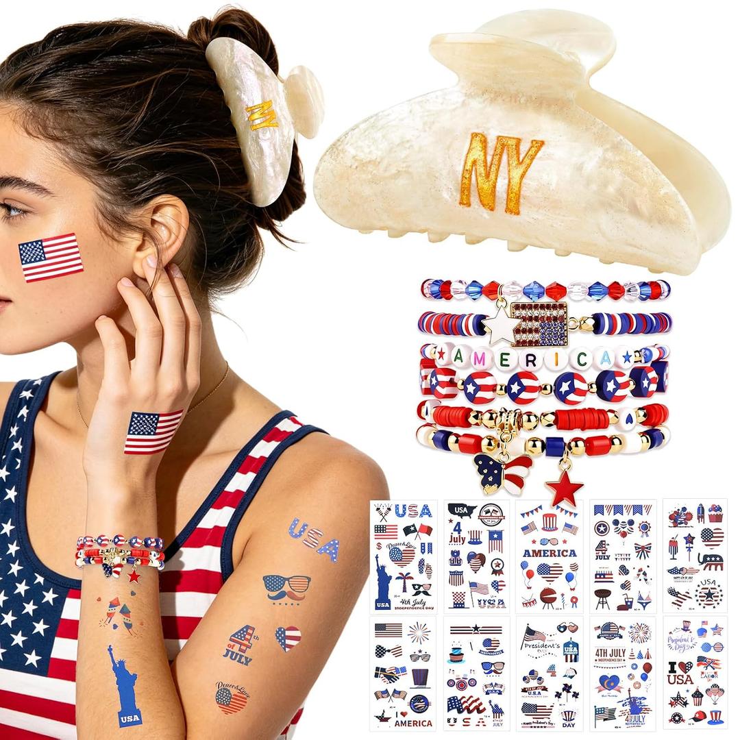 2 x 4th of July Accessories for Women, Red White and Blue Outfit Bundle with Patriotic Hair Claw Clip, America Bracelets & USA Tattoos for 250th Anniversary Party Favors, Memorial Day Decor NY