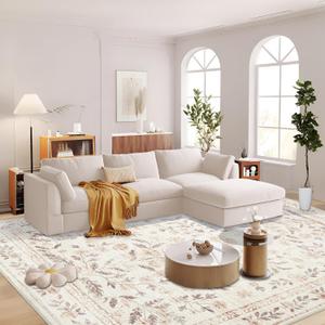 Rugs for Living Room 9x12 Rug, Washable Floral Boho Area Rug Non Slip Soft Low Pile Large Rugs for Bedroom Girls, Dining Room, Office, Kids Playroom(9'x12', Floral Beige)