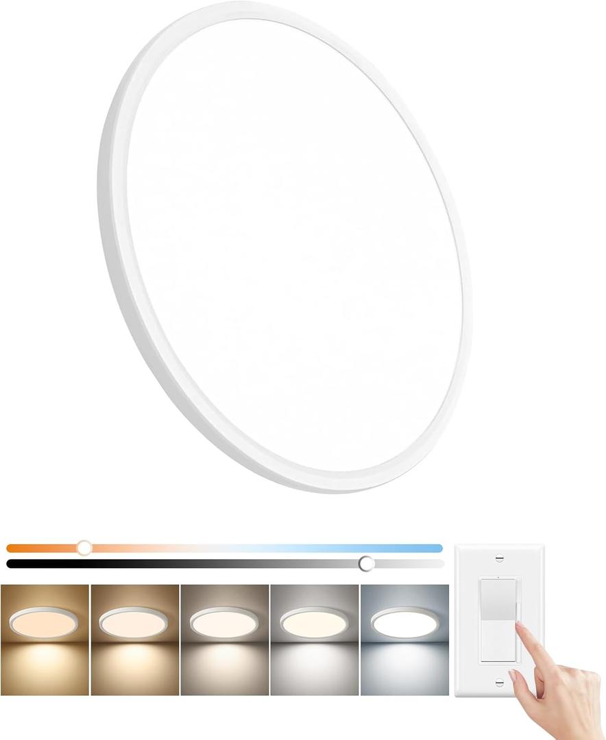 15.8 Inch Dimmable LED Flush Mount Ceiling Light, 32W, 3480LM, 3000K/3700K/4000K/5000K/6000K, Round Flat Panel Low Profile Ceiling Light Fitures for Hallway, Kitchen, Bedroom, 1PK White