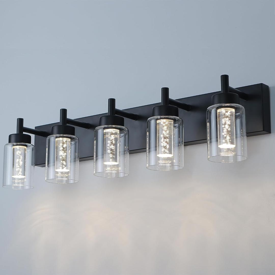 VINLUZ 5-Light LED Bathroom Vanity Light Fixtures, Metal Black Finish Bathroom Lighting Over Mirror Interior Wall Lighting Fixtures with Crystal Bulb Clear Glass Shade(LED Bulbs Included) VINLUZ 5-Light LED Bathroom Vanity Light Fixtures, Metal Black Finish Bathroom Lighting Over Mirror Interior Wall Lighting Fixtures with Crystal Bulb Clear Glass Shade(LED Bulbs Included)