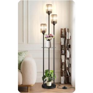 Crystal Floor Lamp for Living Room with Shelves, Industrial Modern Standing Black Lamp with Table for Bedroom, Glass Vintage Unique Tall 3-Lights Fancy Lamp with ON/Off Foot Switch (Warm White)