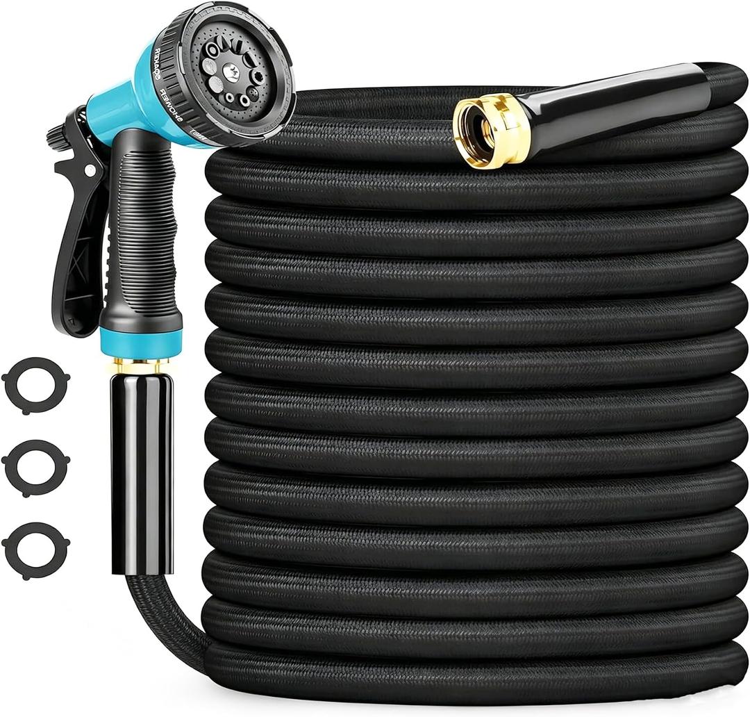 Garden Hose 100FT Non-Expanding, Lightweight Hose With 10-Function Nozzle, Leak-Proof No-Knot Easy to Carry Sturdy Flexible Water Hose for Yard Garden OutdoorLight Black