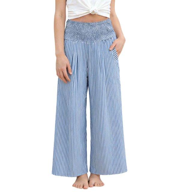 Wide Leg Pants High Waist Striped Summer Beach Travel Trousers, Blue, M
