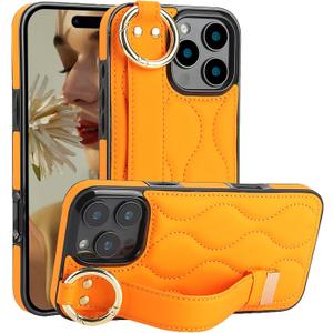 CCSmall for Apple iPhone 16 Pro Max Case with Adjustable Wristband Strap Kickstand, PU Leather Handstrap Grip Loop Wristband Phone Cover with Ring Finger Cute Case for iPhone 16 Pro Max Orange